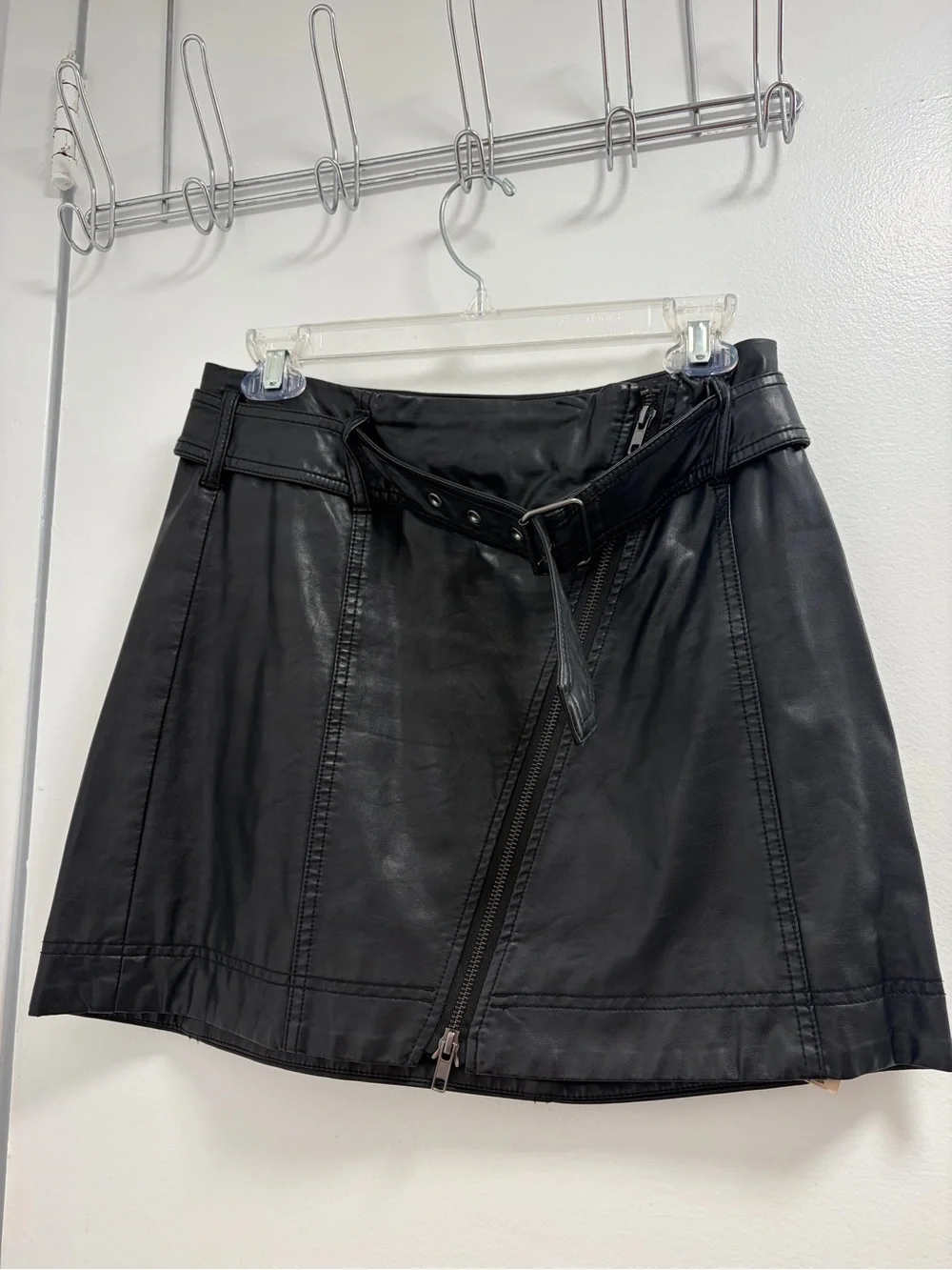 Free People Black Faux Leather Mini Skirt with Belted Waist